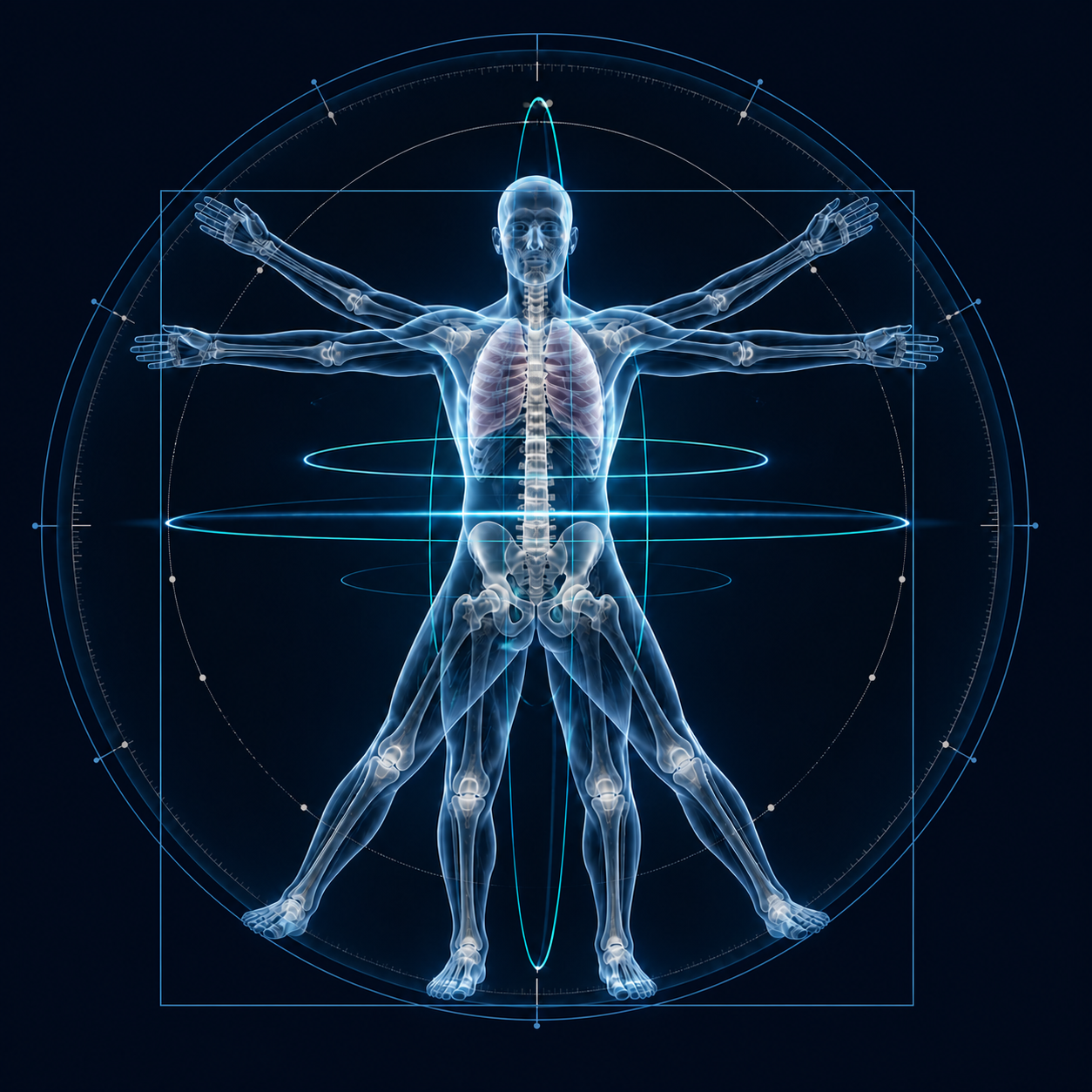 Radiographic Vitruvian figure surrounded by diagnostic imaging planes